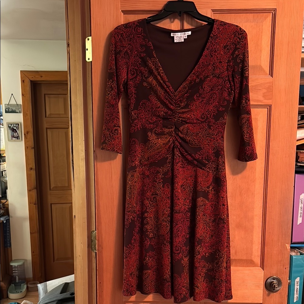 Maggy London Red Ruched V-Neck Fit and Flare Dress